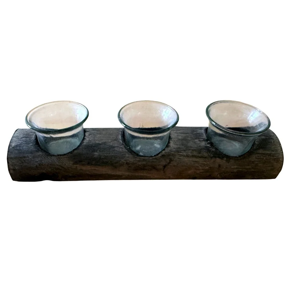 Rustic Reclaimed‎ Wood Triple Tealight Candle Holders Set of 2 Farmhouse Decor